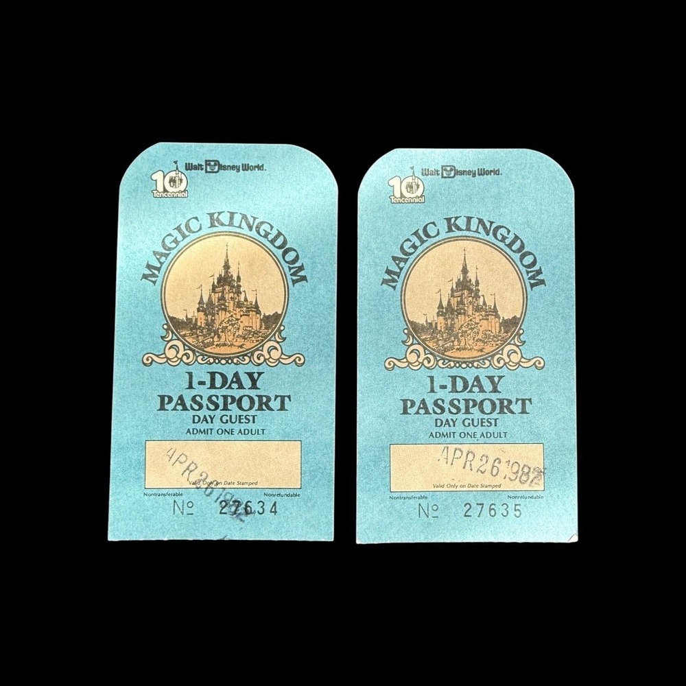 Magic Kingdom 1 Day Guest Passport (2) Walt Disney World 1982 Tencennial Vintage